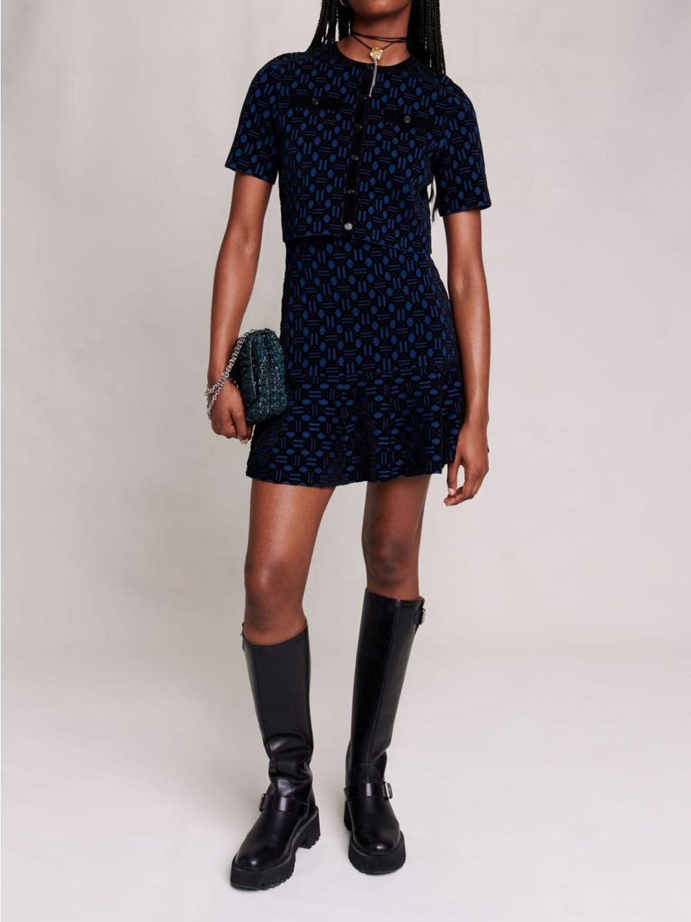 Maje Matching Set Crop Top & Mini Skirt | Black Blue Jacquard